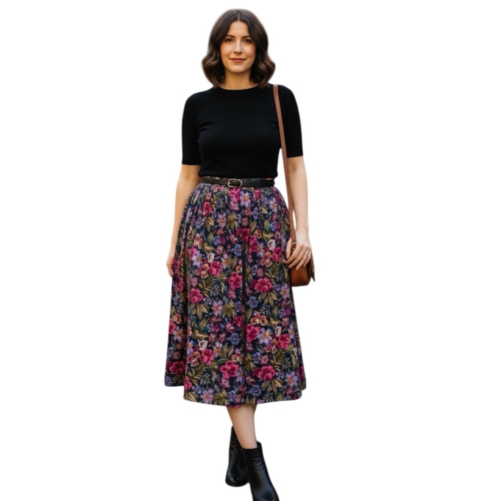 Liz sports Vintage 90s Midi Skirt Size8 Floral Pockets Colorful